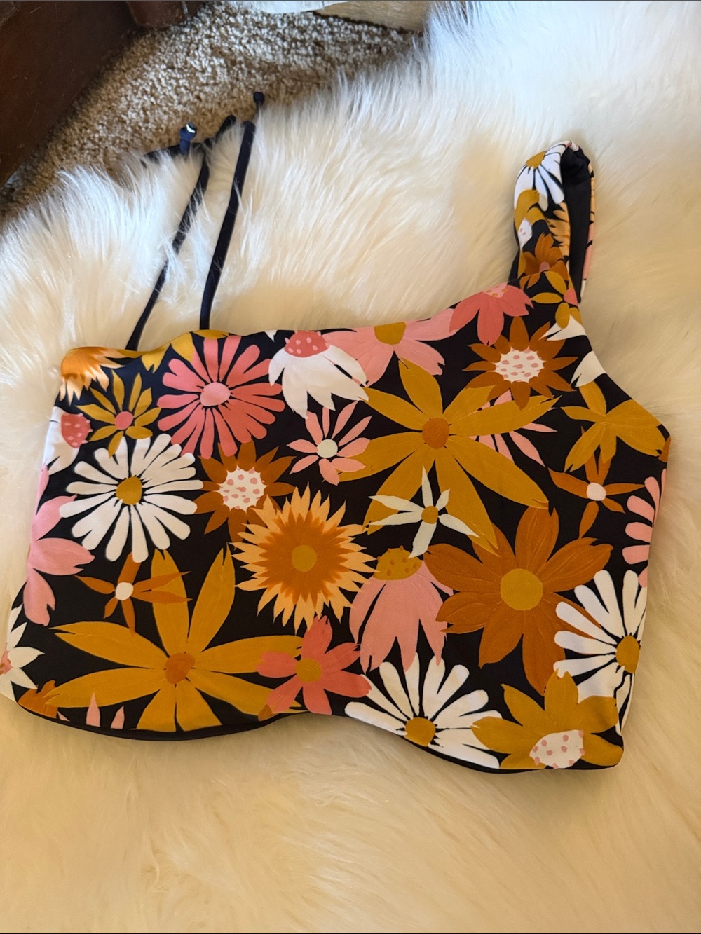 Lime Ricki Black Floral Crop Swim Top with Mustard & Pink Flowers